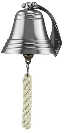 NKlaus Schiffsglocke aus vernickeltem Messing mit Halter & Bändsel, 12,5cm – Nautische Dekoration 16083
