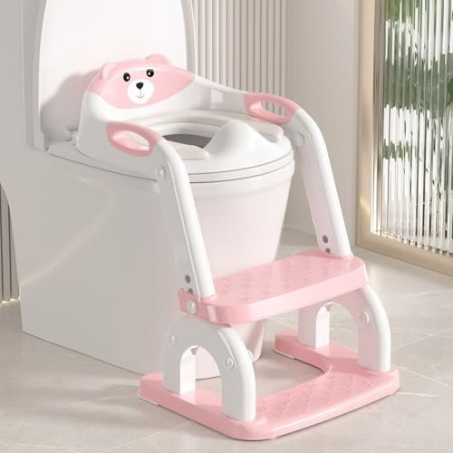 Grismire Potty Training Seat Toilet Baby Kids Foldable Toddler Toilet Seat Ladder Adjustable Height Toilet PU Cushion Splash Guard Anti-Slip Pad Step Stool Upgrade 2 in 1 Toddler Toilet Seat (Pink)