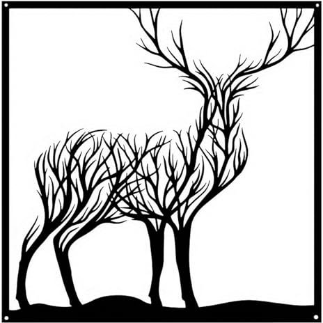 Huspox 40cm Tree Deer Metal Wall Art Decor Black, Framed Hanging Wall Sculpture for Patio Office Farmhouse Decoration