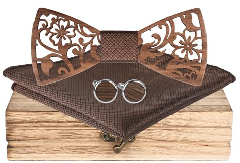 Mr.Van Noeud Papillon Bois les hommes, Naturel Noir Noyer Creux Sculpture Fleurs, Coffret en Bois (comprenant Boutons de Manchette,Mouchoir et Noeud papillon) pour Groomsman de Mariage Business