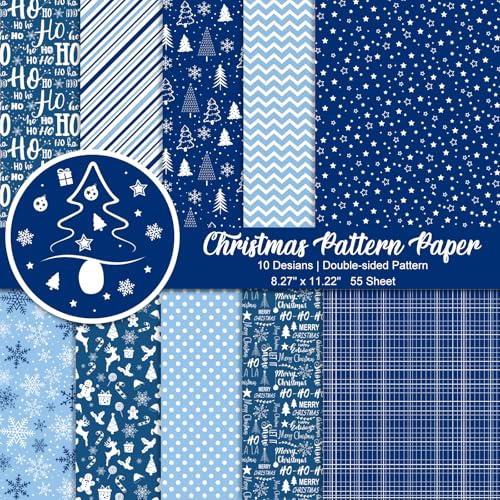 Morcheiong 55 Blatt Frohe Weihnachten Musterpapier Set, Dekoratives Papier für Die Kartengestaltung, Scrapbook, Fotoalbum, Dekor, 10 Designs (Blau, 8,27 x 11,22 Zoll)