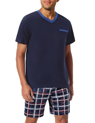 Litherday Schlafanzug Herren Kurz Sommer Baumwolle Pyjamas Set V-Ausschnitt T-Shirt mit Tasche Kariert Pyjamahose Zweiteilig Set Nachtwäsche für Männer