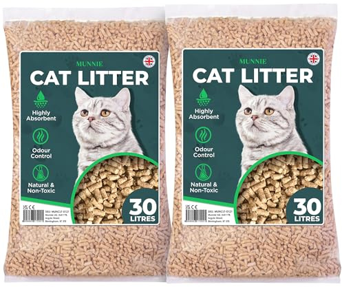 Munnie Cat Litter 2X 30L - Biodegradable, Dust-Free Unscented, Ultra-Absorbent Wood Pellets for Cats & Kittens, Natural Cat-Litter for Housetraining, Non-Clumping, Litter Granules, Pet-Safe