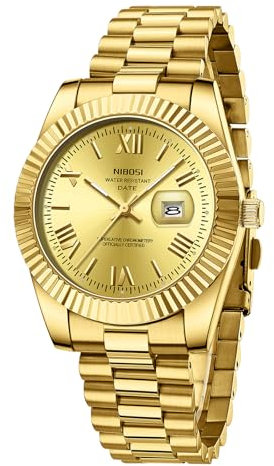 NIBOSI Orologio da polso da uomo, analogico, al quarzo, in acciaio inox, per uomo, impermeabile, business, casual, classico, con indicazione del giorno e della data, gold, Classico