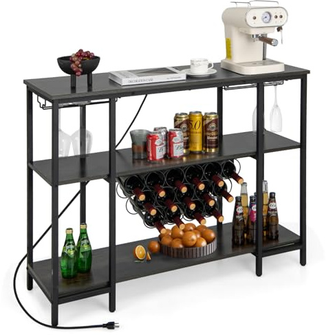 TANGZON Wine Rack, 15 Bottle 3-Tier Wine Bar Cabinet with 2 AC Outlets, 2 USB Ports, Glass Holders & Anti-tipping Device, Freestanding Drinks Storage Sideboard Unit for Home Bar (Grey)