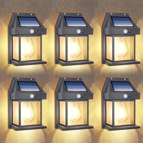 Leehui 6 Pack Solar Wall Lights Outdoor Garden, Solar Vintage Wall Lanterns Motion Sensor, IP65 Security Lights Outside PIR Motion for Front Porch Balcony Patio Garage Fence Yard (Black, 6 Pack)
