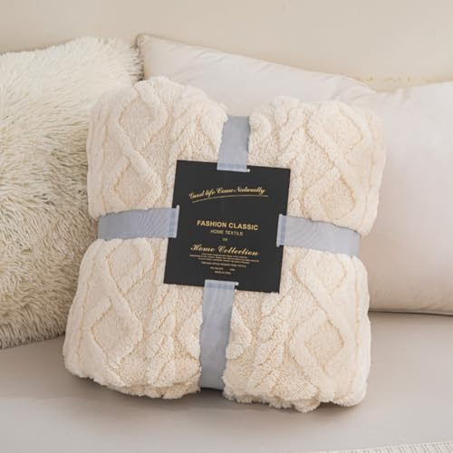 ENEN Flanell Kuscheldecke Flauschig -Jacquard Wohndecke Warm Winter Weich, Fleecedecke Weiche Warme Überwurf für Bett und Couch,Decke Sofa überwurfdecke (Beige,150x200)