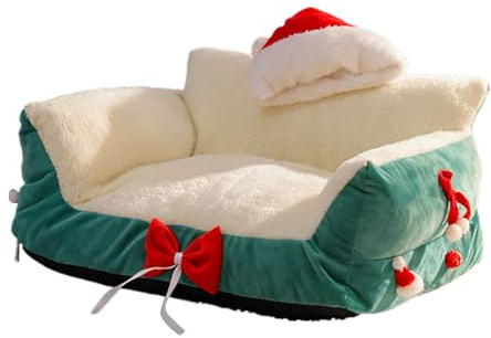 Katzensofa – Grün M Weihnachten Liege Hundesofa mit Weihnachtsmannmütze | Weihnachtsdesign Katzencouch | Bequemes Haustiersofa für Zuhause, Küche, Schlafzimmer, Wohnzimmer, und Terrasse