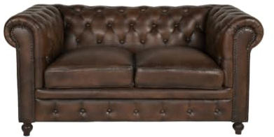 Viron Divano Chesterfield 2 Posti in Vero Cuoio e Struttura in Legno Massello di Mango 150x80x74h cm Colore Marrone Decori Capitonné (Marrone Anticato, 150x80x74h cm)
