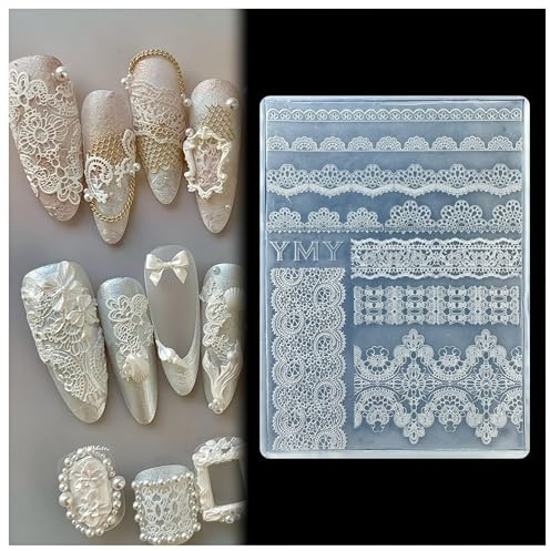 Moule en 3D Ongle, 3D Nail Mold, Gaufrage 3D Moule à Ongles, Moules de Coulée Résine Accessoires DIY Ongles, Différents Motifs, pour Nail Art Fournitures DIY, Charme (Dentelle)