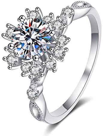 Ayoiow Vorsteckring Weissgold 375, Schneeflocke mit Labordiamant Damenring Weissgold mit, Hochzeitsringe 375 Weißgold