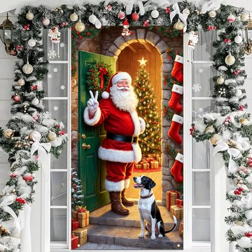 FOSDICK Decorazione Natalizie per Porta, Copertura per Porta Natale con Design Babbo Natale, Decorazione Natalizia per Interno ed Esterno, Porta d'Ingresso e Pareti, 180x90cm