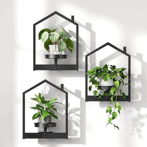 HOOBRO Soporte para Plantas de Pared, Estantería para Plantas, Macetero de Pared, Estilo Rústico, Metálico, Bandeja Extraíble, Apto para Interiores y Exteriores Protegidos, Negro EBK08HJP301