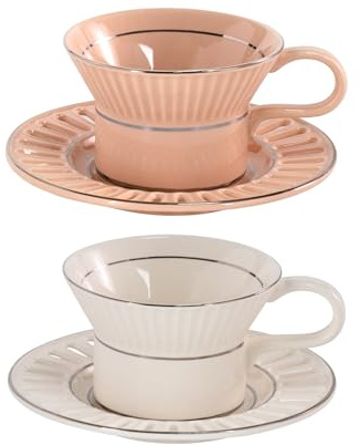 KAMMAK Tea Cups and Saucers Set of 2, 6.7oz Porcelain Coffee Cups with Saucers, Ceramic Espresso Mugs for Coffee, Latte, Americano, Tea, UN Teacup and Saucer (YFH8+9)