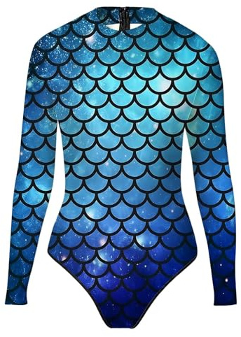 Meerjungfrau Kostüm Damen Oberteil, Langarm Mermaid Badeanzug Meerjungfrauen Body mit Glanz Fischschuppen Print Schwimmanzug Sexy Jumpsuit Einteiler Gymnastikanzug Faschingskostüme Erwachsene