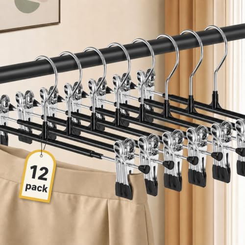 OAMCEG 12 Pack Trouser Hangers - Adjustable Non-Slip Clips, Stainless Steel Metal Skirt & Trousers Hangers, Space Saving Clothes Wardrobe Organiser for Pants, Jeans, Kids, Baby (Black)