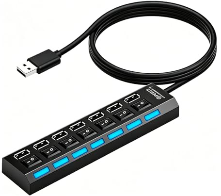 Hub USB 2.0 7 en 1, Hub USB con interruptores Independientes Cable de 50 cm, Adaptador múltiple PC portátil, conexión rápida Velocidad Mouse Teclado Discos Duros memorias impresoras lectores Tarjetas