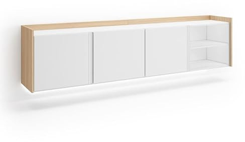 HABITMOBEL Mueble TV | Televisión | Muebles de salón, almacenaje | 207x50x35 cm | para TV hasta 80 | Colgado, Suspendido | LED | Estilo Moderno | Blanco y Roble Soft