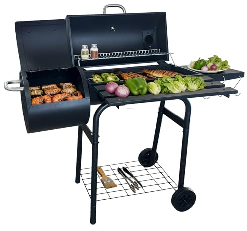 Large Charcoal Barrel Grill with Offset Smoker, Portable Outdoor BBQ Grill for Camping Garden Patio, Heavy Duty Steel Smoker with Side Shelves & Storage, 2-in-1 Cooking Station