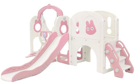 Joyz Kinderrutsche mit Spielturm & Schaukel, 6-in-1 Kinder Spielplatz mit Turm Rutsche Treppe Basketballkorb Teleskop, Klettergerüst Spielzeug, Indoor Outdoor, Spielgerät für Kinder ab 3 Jahren, Rosa