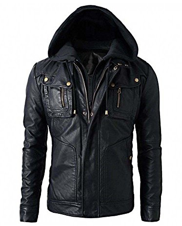 Veste de moto en cuir avec capuche pour homme, Noir , L