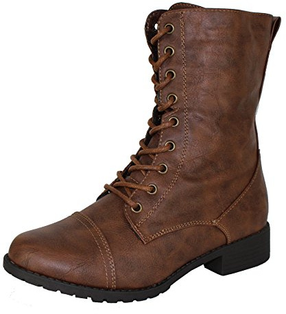 Forever Link Womens Mango Round Toe Military Lace up Knit Ankle Cuff Low Heel Combat Boots Brown 8 B(M) US