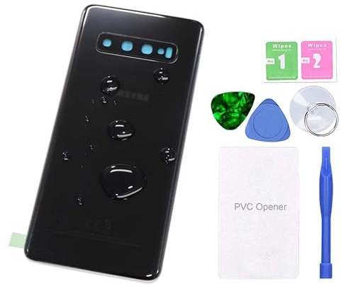 MovTEK Akkudeckel Backcover Rückseite Glas Original Ersatz für Samsung Galaxy S10 G973F Schwarz (Prism Black) Reparatur Set mit Kleber Kameraglas