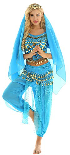 TiaoBug Damen Prinzessin Kostüm Set Pailletten Crop Top + lange weite Hose + Stirnband mit Strass Verkleidung für Karneval Fasching Cosplay Party Tanz