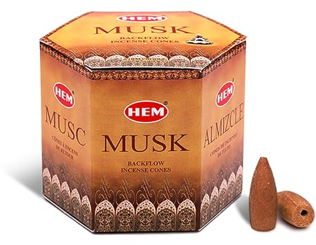 HEM Räucherkegel Moschus Rückfluss Braun | Langanhaltendes Aroma für Positivität & Reine Luft | Holzpulver | Aromatherapie für Stressabbau, Luftreiniger & Reinigung | Geschenkset - 40 Stück Kegel