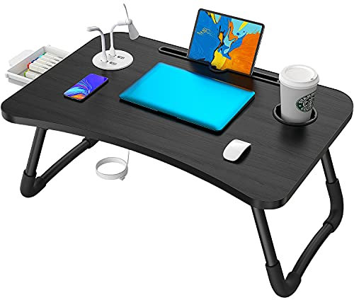 Laptop Table with USB Ports, Elekin Laptop Standing Desk for Bed, Portable Bed Tray, Lap Desk with Cup Holder for Writing, Reading, Working on Bed/Couch/Sofa(Small Fan, Small Lamp)