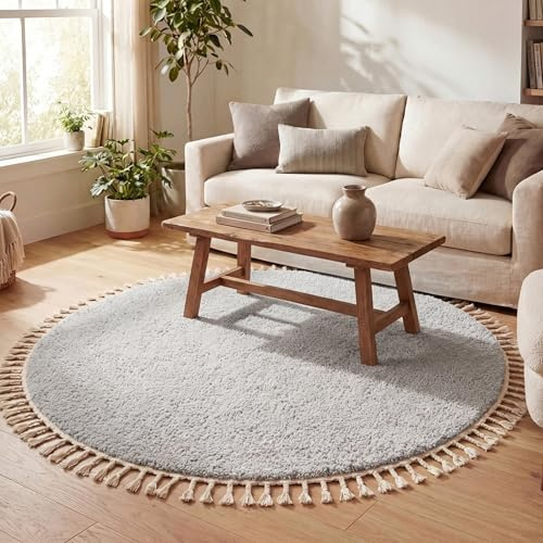 Teppich Hochflor Rund - Lofty Fringe Hellgrau - Ø 100 cm | Einfarbig - Ländlich, Modern, Skandinavisch - Wohnzimmer, Esszimmer, Schlafzimmer - Fellteppich