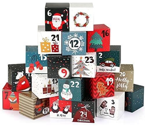 Naler 24 Cajas para Calendario de Adviento Cajitas Navideñas de Regalo para Dulces Caja de Papel con Números Calendario Adviento para Rellenar