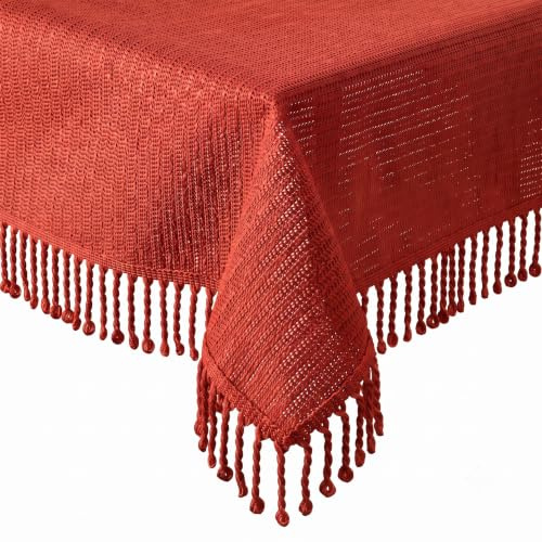 Tischdecke Outdoor Wetterfest, rutschfest & UV-Beständig in 7 Farben mit Fransen - Weichschaum PVC Tischdecke Abwaschbar & Waschbar bei 30°C - Gartentischdecke Rechteckig 130x220 cm Rot