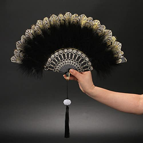 LUMoony 1Pcs Faltfächer Handfächer mit Spitze Spitze Feder Handfächer mit Quastenanhänger Hochzeit Fächer Faltfächer Tanzfächer Für Hochzeiten Im Freien, Party, Tanz, Geburtstag Handheld Fan