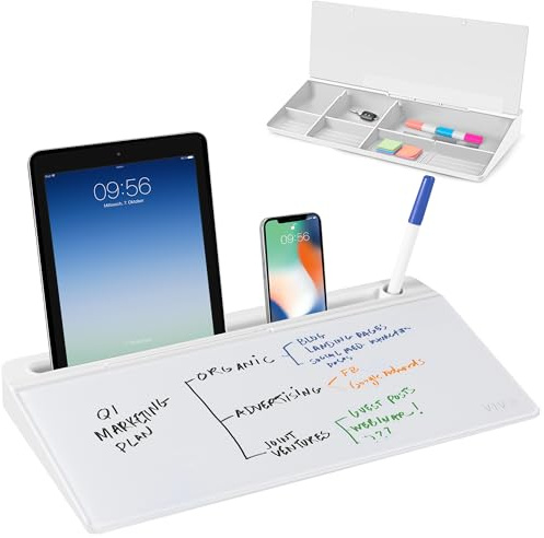 VIVO Whiteboard aus Glas, 40,6 x 17,8 cm, trocken abwischbar, mit Stauraum, Schreibtisch-Whiteboard-Organizer mit versteckten Fächern und Geräteschlitz, DESK-WB16A