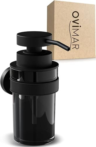 ovimar Seifenspender Lokta | schwarz | mit Wandmontage zum Bohren | aus Edelstahl und schwarzem Glas | extra große Öffnung leicht wiederbefüllbar | für Bad oder Küche | Desinfektionsmittelspender