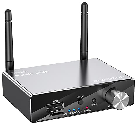 FAMKIT Adaptateur audio Bluetooth 5.3, adaptateur audio Hi-Fi, récepteur de musique Bluetooth, émetteur avec antennes, prise en charge USB/TF/entrée optique/coaxiale, télécommande incluse