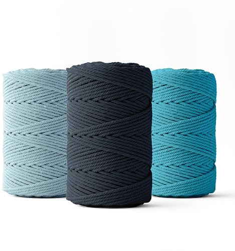 LEDENT Corda per macramè (2mm, 3x70M, blu chiaro, blu scuro e turchese) - Corda doppia ritorta per macramè in cotone riciclato al 100% per il macramè o il crafting - Set di 3 pezzi.