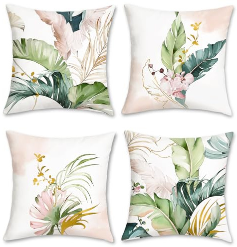 Bonhause 4er Set Kissenbezüge Blätter Tropische 45 x 45 cm Blätter Grün und Rosa Dekorative Kissenhülle Zierkissenbezüge für Sofa Wohnzimmer Zuhause Garten Dekoration