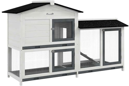 PawHut 62 Rabbit Hutch, Wooden Bunny Hutch, Guinea Pig Cage, Small Animal Enclosure with Run Area, Removable Tray, Asphalt Roof, Lockable Doors and Ramp, for Rabbits, Chickens, Ducks, White