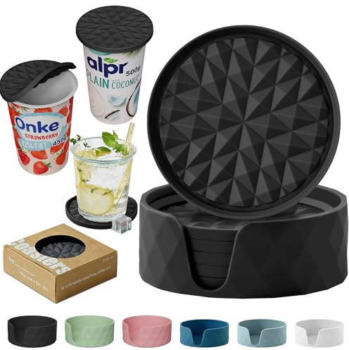Wingcases Silikon-Untersetzer Gläser mit Halterung 6er-Set | Große 9,5cm Joghurt Deckel für Joghurtbecher 500g, Mehrweg Organizer Küche, Schwarz