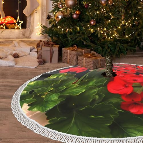 Weihnachtsbaumrock mit Quaste, rote Geranien, 1 x 121,9 cm, Weihnachtsbaumröcke, Dekorationsmatte, rustikale Quaste, Weihnachtsbaumabdeckung, Matte, wasserdicht, Weihnachtsbaumrock für Urlaub,