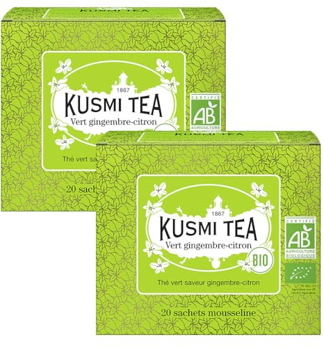 Kusmi Tea - Vert Gingembre Citron Bio - Lot de 2 boîtes - Mélange Biologique de Thé Vert au Gingembre et au Citron - À Déguster Chaud ou en Thé Glacé - 2x20 Sachets de Thé