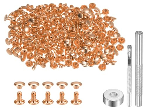 QUARKZMAN 100 Juego Cuero Remache 6 x 6mm de Metal con Doble Tapa Broches de Presión y Herramientas de Instalación para Cuero Manualidades Reparación Decoración Tono Dorado Claro