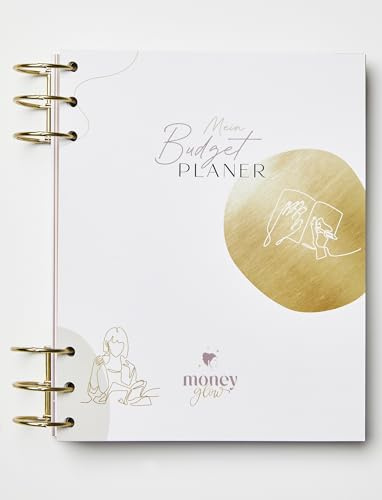 Moneyglow® Mein Budgetplaner A5 deutsch I 310 Seiten I goldene Ringe zum Öffnen I Seiten immer wieder austauschbar I Register I Illustrationen I satiniertes Schreibpapier I undatiert