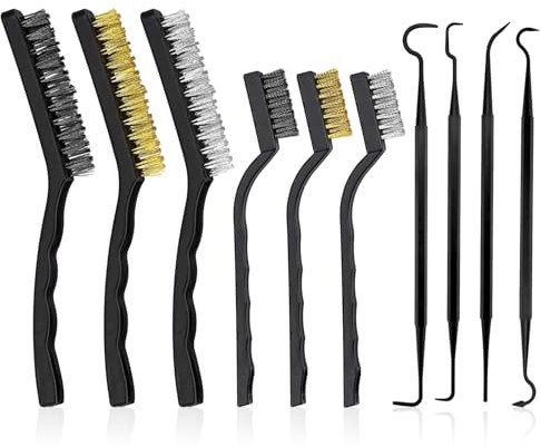 10 Pieces Wire Brush Set & Pick Kit, Metal Rust Remover Brushes Nylon Brass Steel Brush and Ploymer Metal Picks for Cleaning Welding Slag and Rust, 7/9 Inches