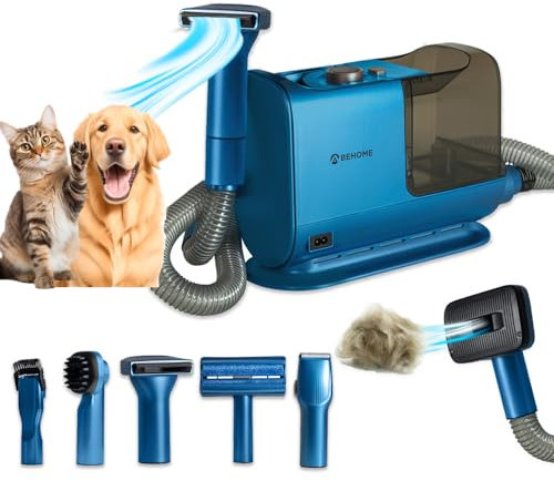 BEHOME Aspirazione e Toelettatura Cani e Gatti, Aspirapolvere Peli Animali e Aspirapelo, Tosatrice professionale 6 accessori, Silenzioso