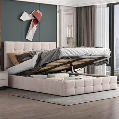 140 X 200 cm Großes Polsterbett, Doppelbett Mit Stauraum Per Hydraulischem Lift, Verstellbares Gepolstertes Kopfteil, Metalllattenrahmen, Grau – Perfekt Für Erwachsene Und Jugendliche(Color:Weiß)