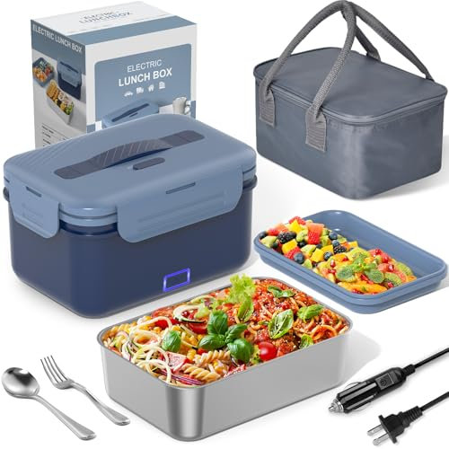 Carsolt Lonchera eléctrica 3 en 1, calentador de alimentos portátil, 100 W, a prueba de fugas, para adultos, coche, camión, oficina, con contenedor de acero inoxidable de 1.8 L, bolsa de transporte