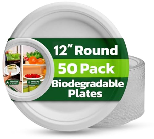 Ask Packaging Strong Paper Plates (12 Inch - 50 Pack) 100% Compostable X Large Disposable Bagasse Plates - Heavy Duty Eco-Friendly Biodegradable Sugarcane Plate for Parties – Microwave & Freezer Safe